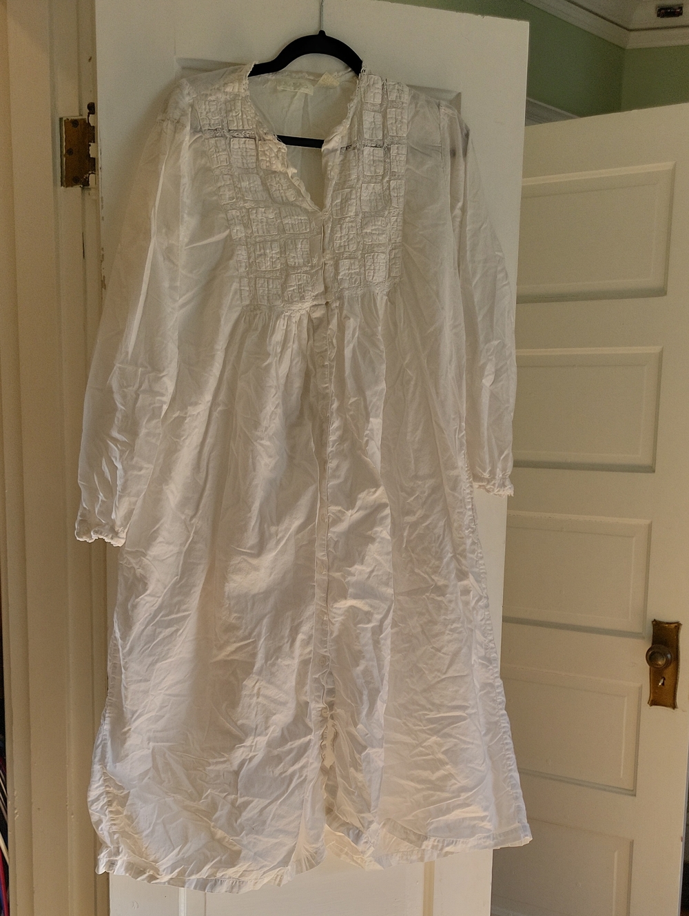 Vintage White Cotton Button Down  Nightgown Sleep Dress Windowpane Lace Trim - M